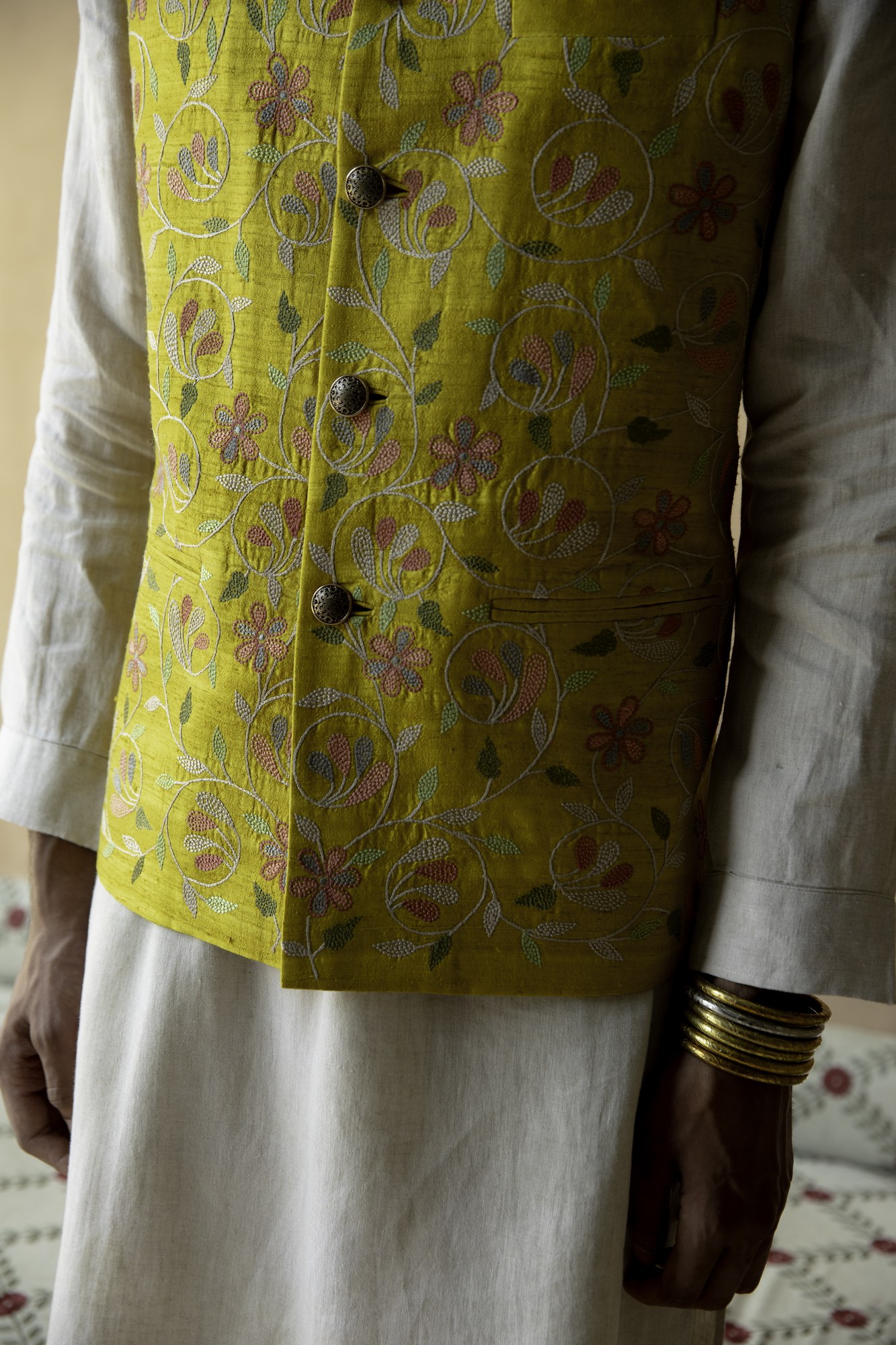 Yellow Hand Embroidered Waistcoat
