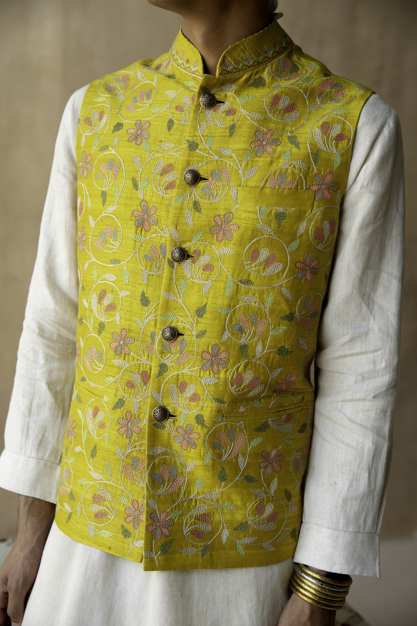Yellow Hand Embroidered Waistcoat 2