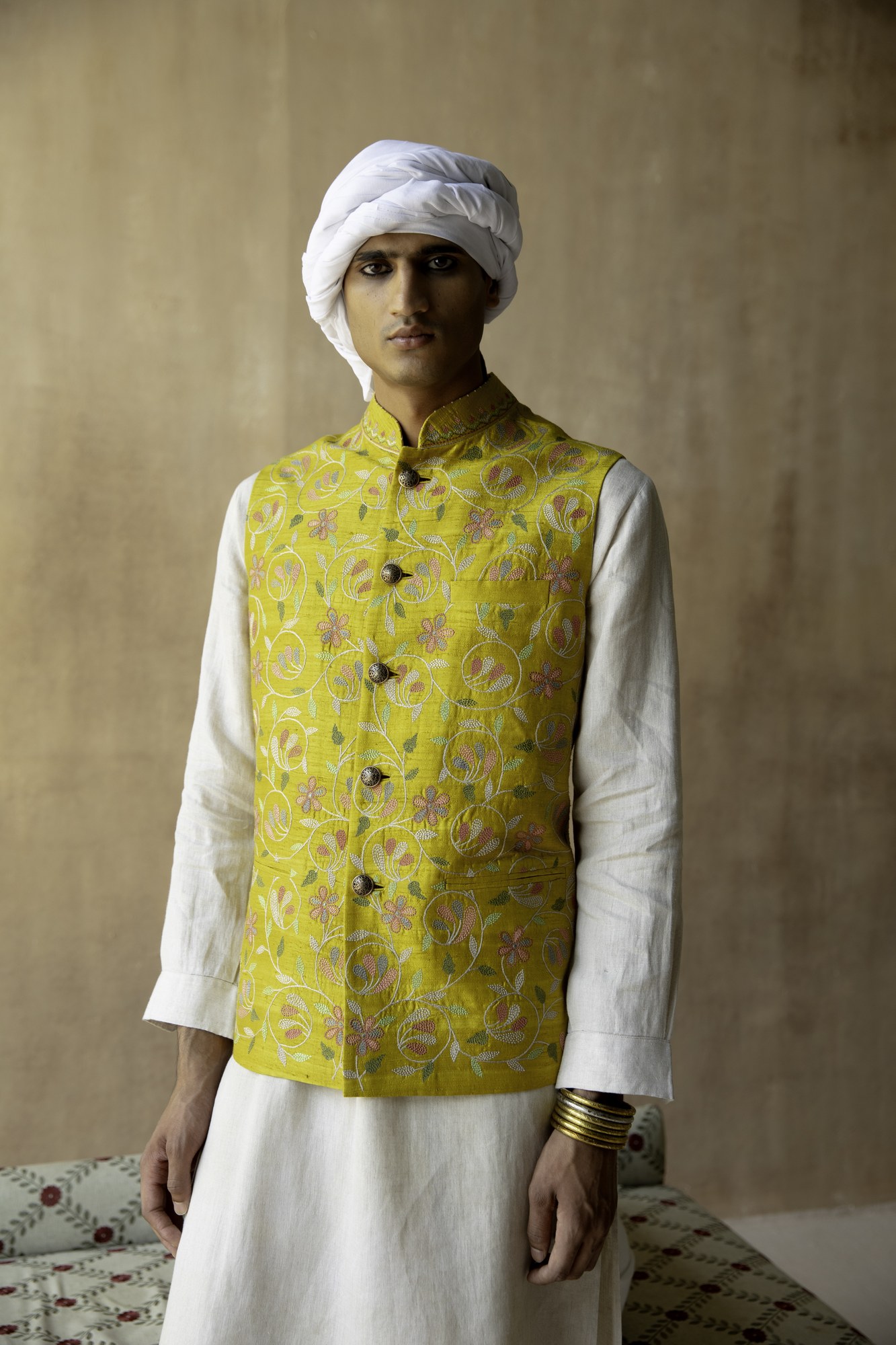 Yellow Hand Embroidered Waistcoat 3