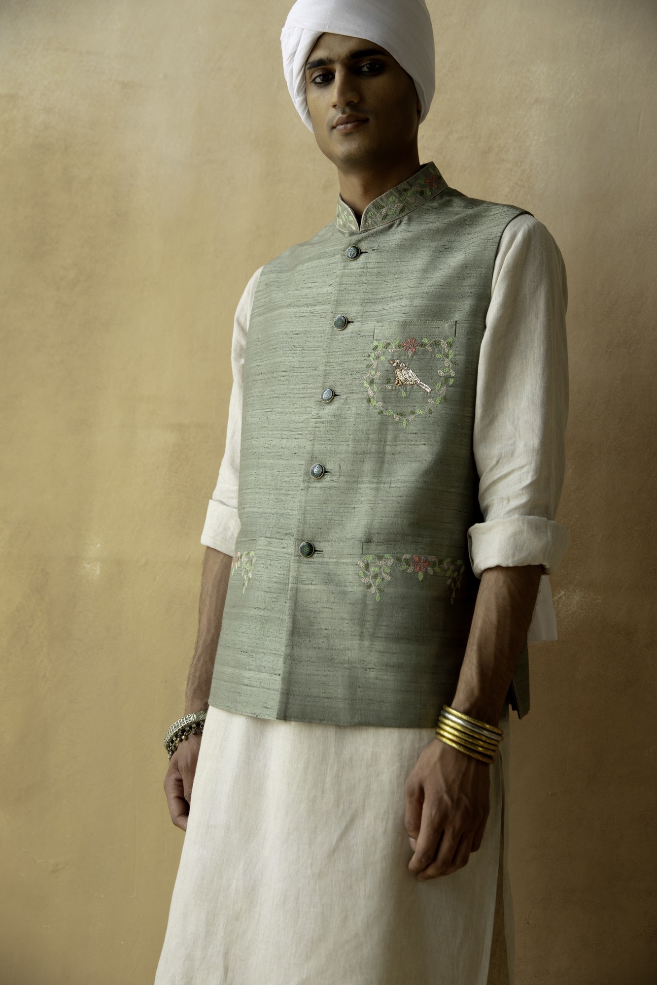 Sage Green Raw Silk Hand-Embroidered Waistcoat