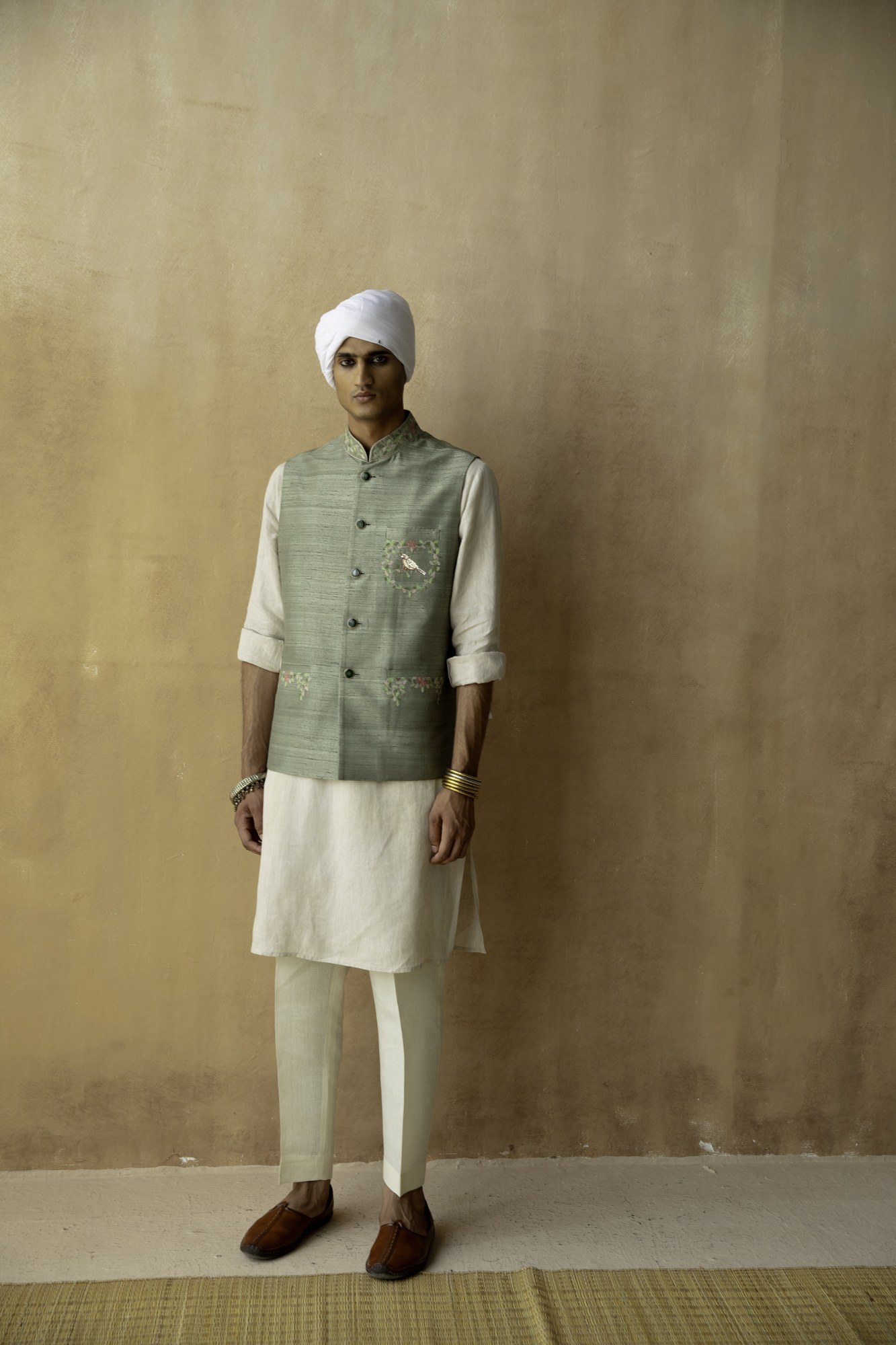 Sage Green Raw Silk Hand-Embroidered Waistcoat 2