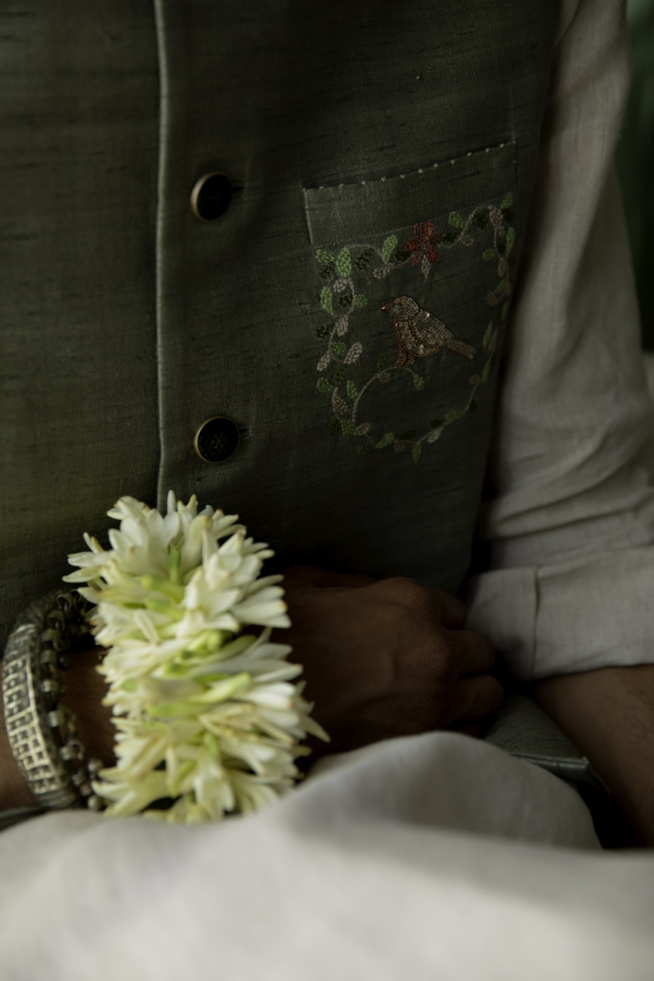 Sage Green Raw Silk Hand-Embroidered Waistcoat 3