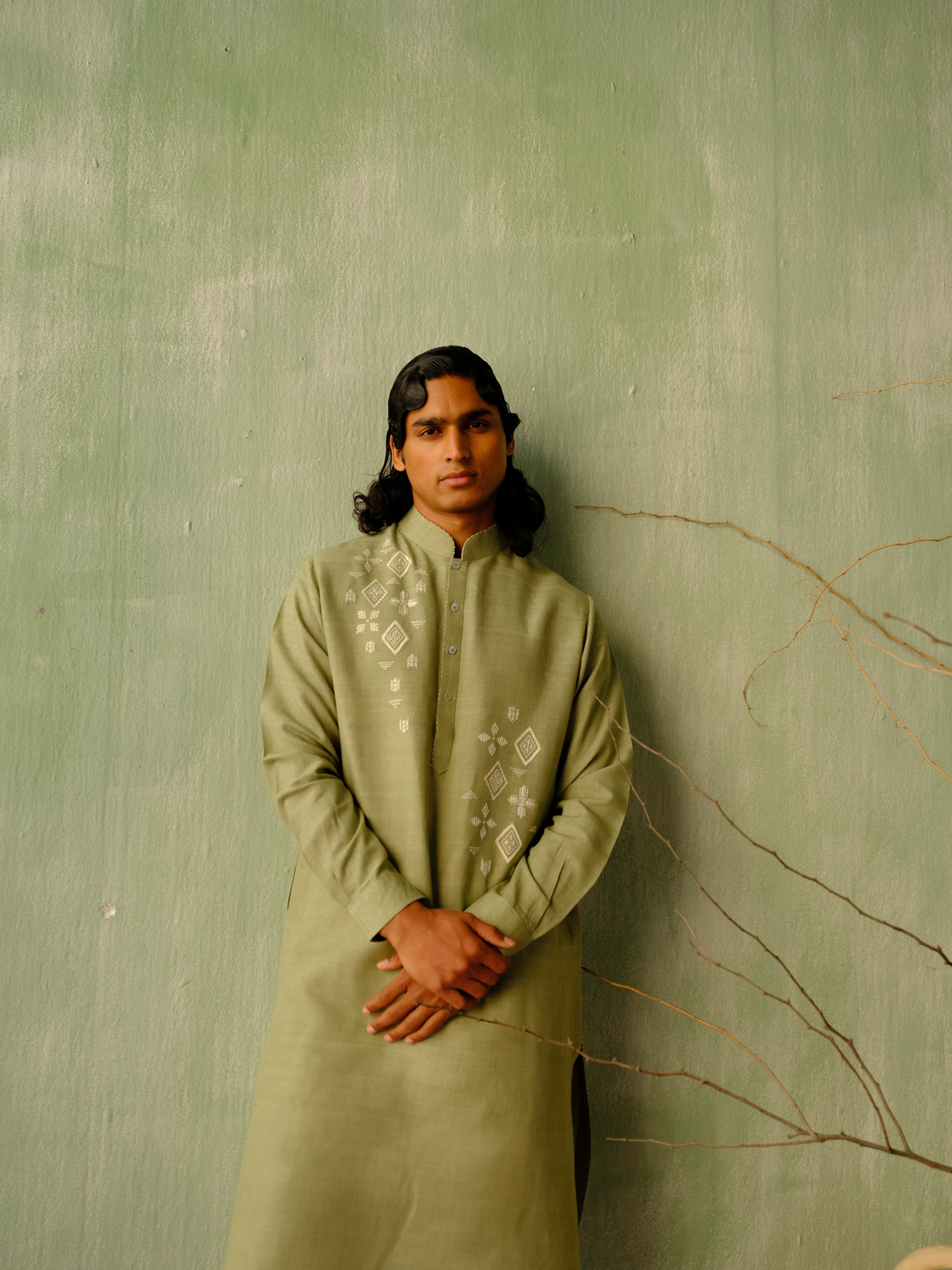 Olive Green Matka Silk Embroidered Kurta 2
