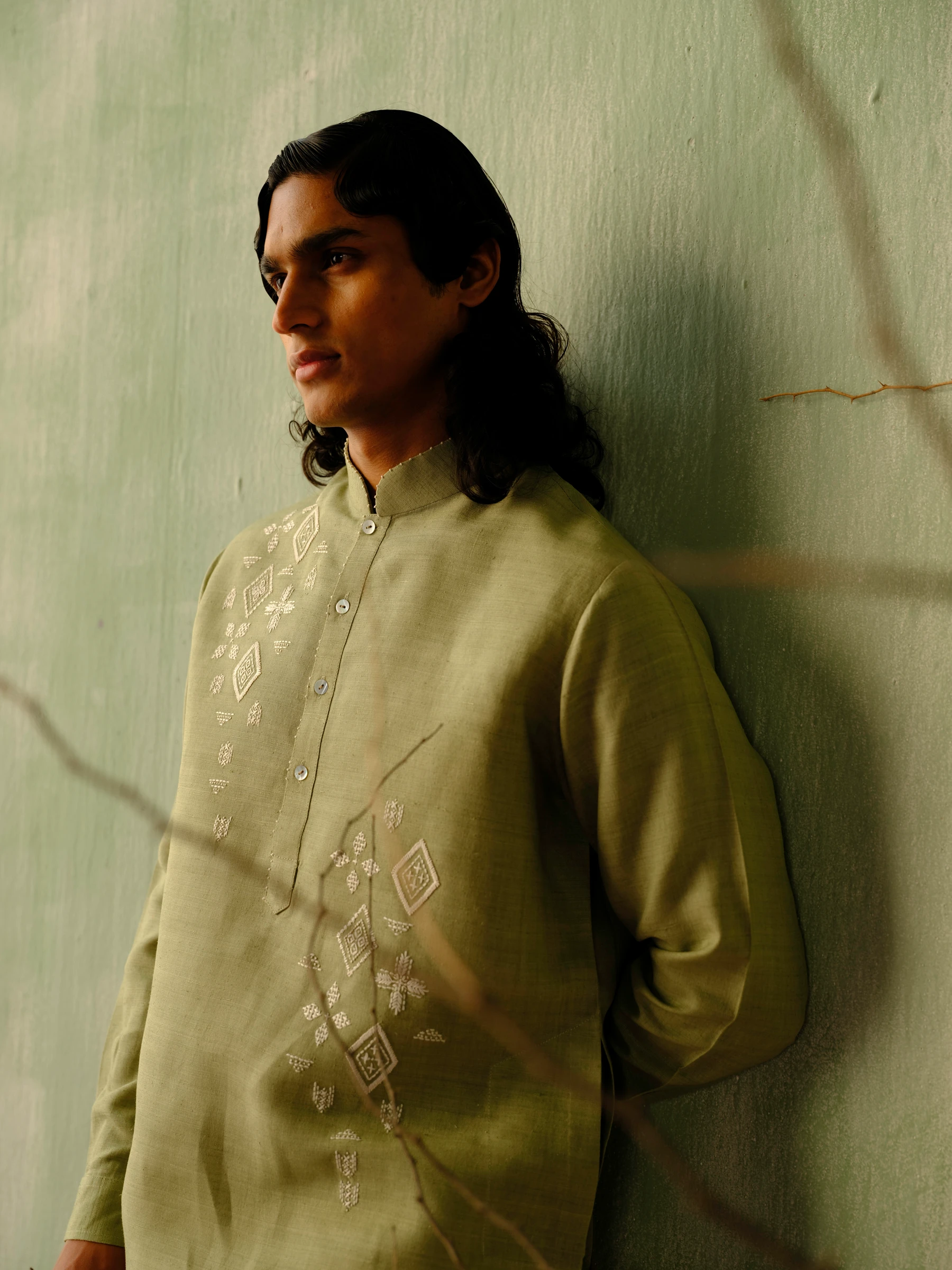 Olive Green Matka Silk Embroidered Kurta 3
