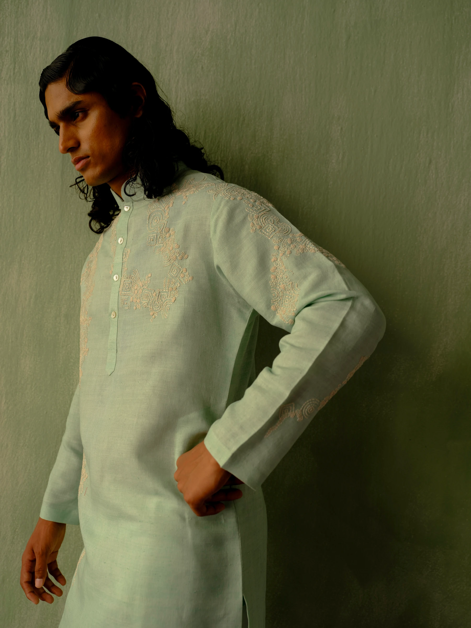Powder Blue Matka Silk Embroidered Kurta 2